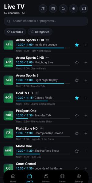 Live channel list on an Android phone